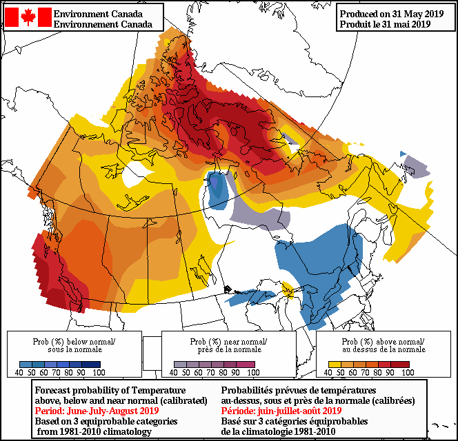 Environment Canada summer 2019 seasonal forecast. White spaces mean there is not adequate dominant signal, meaning there is equal chance of above/near/below normal probabilities for temperatures. (Environment Canada)