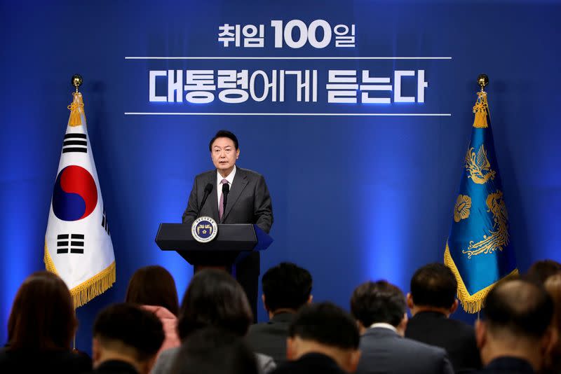 South Korea's President Yoon Suk-yeol holds first official news conference, in Seoul