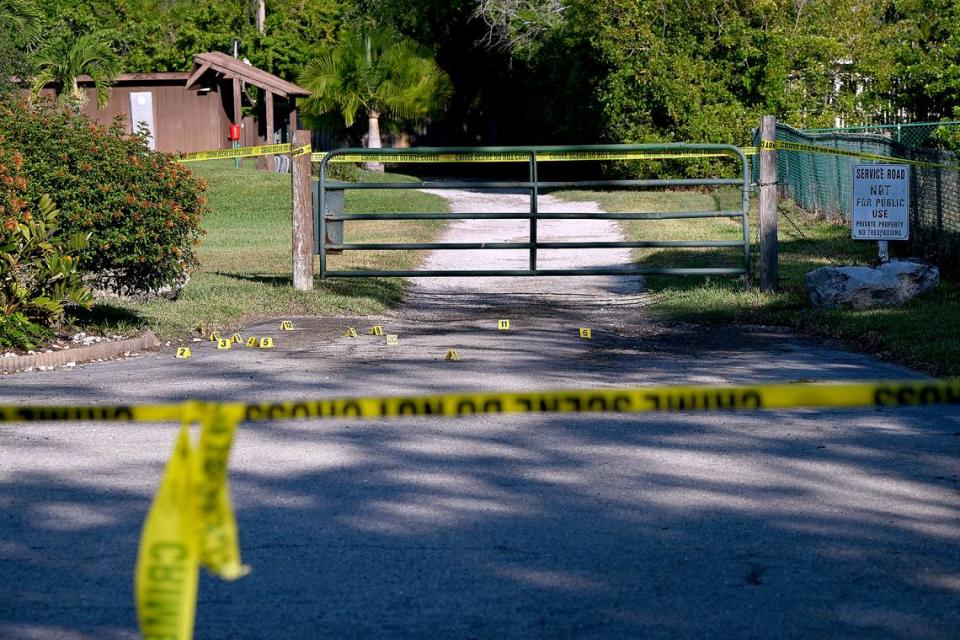 Law enforcement personnel investigate the scene of a shooting that happened around 3:30 a.m. Friday, May 24, 2024. The Manatee County Sheriff’s Office says Sean Calcutti is charged with attempted murder after he tried to break into a nursing home and shot a deputy in the arm.