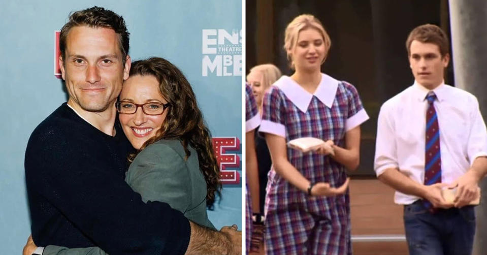 L: Home and Away stars Jake Speer and Georgie Parker hug. R: Jake Speer and Kassandra Clementi in school uniform