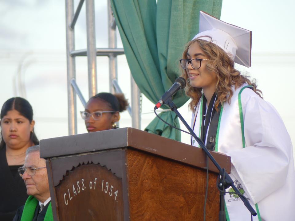 ASB President Karina Martinez during Victor Valley High School’s 107th commencement ceremony on Wednesday, May 30, 2023, which  included 424 seniors continuing the jackrabbit tradition of graduating while proudly wearing green and white.