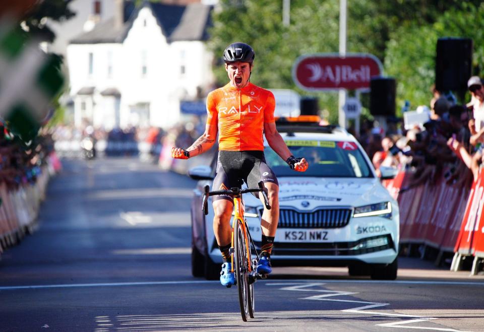 robin carpenter crosses the finish line to win stage two of the aj bell tour of britain from sherford to exeter on monday september 6 2021