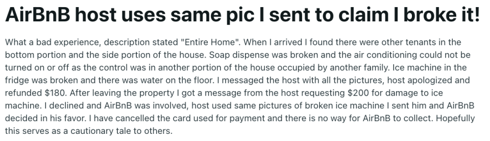 "AirBnB host uses same pic I sent to claim I broke it!"