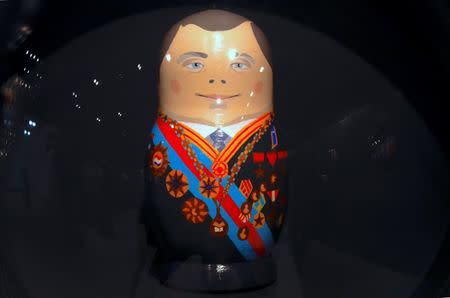 A Matrioshka doll depicting Russian cosmonaut Yuri Gagarin, the first human to journey into space in 1961, can be seen on display during an exhibition showcasing the story of the space race through Russian Matrioshka dolls at the Samara Space Museum in Samara, Russia, June 22, 2018. REUTERS/David Gray