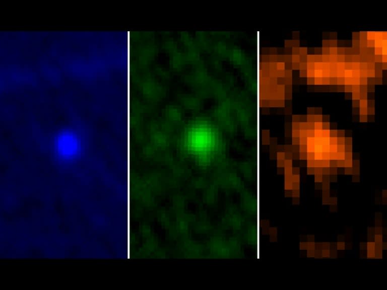 Imagen obtenida por la NASA que muestra el asteroide Apofis captado por el instrumento Photodetecting Array Camera and Spectrometer a bordo del observatorio espacial Herschel de la Agencia Espacial Europea los días 5 y 6 de enero de 2013 (HO)