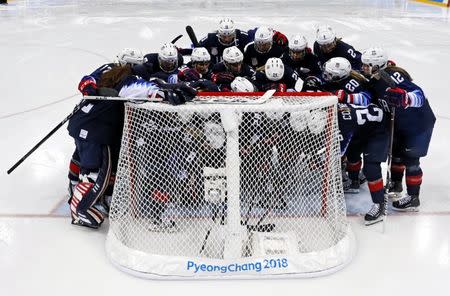 Feb 18, 2018; Gangneung, South Korea; The United States huddles before the game against Finland in the women's ice hockey semifinals during the Pyeongchang 2018 Olympic Winter Games at Gangneung Hockey Centre. Mandatory Credit: David E. Klutho-USA TODAY Sports