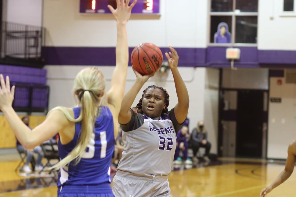 Rockford freshman Anaya Davis, pictured taking a jump shot against Dubuque University back on Nov. 16, 2021, has been a rebounding machine for the Regents this season. Most recently she broke the school record for most rebounds in one game with 23 on Tuesday, Jan. 11, 2022.