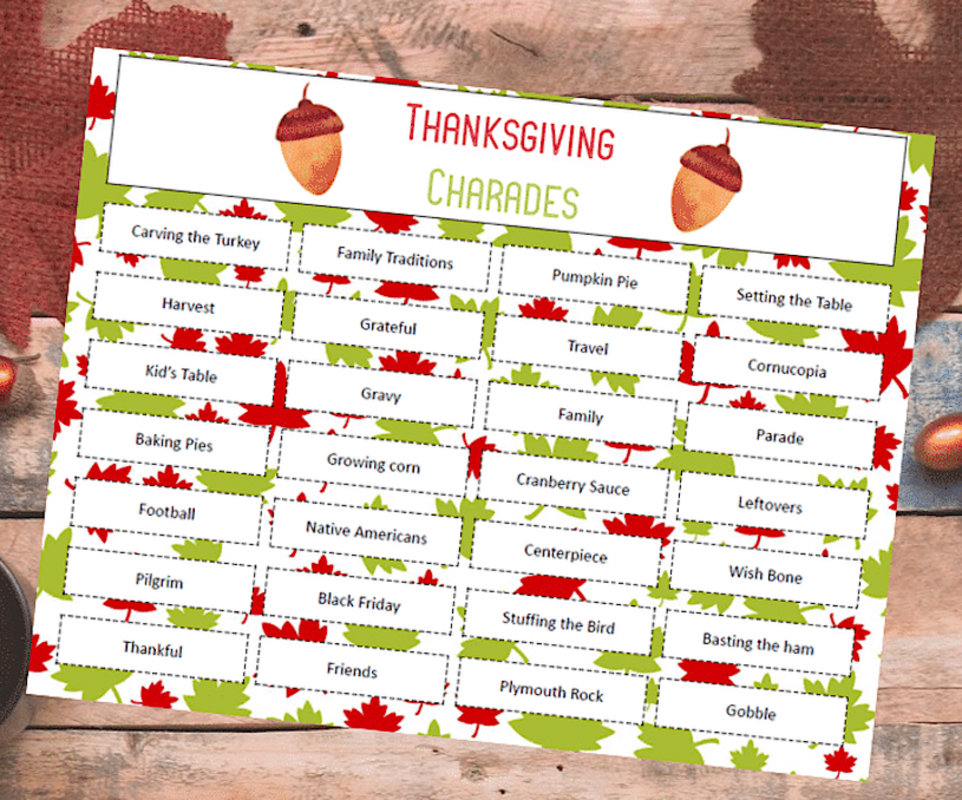 <p>Play Party Plan</p><p>This activity from <a href="https://www.playpartyplan.com/thanksgiving-charades-topics/" rel="nofollow noopener" target="_blank" data-ylk="slk:Play Party Plan;elm:context_link;itc:0;sec:content-canvas" class="link rapid-noclick-resp"><em>Play Party Plan</em></a> will keep kids (and adults) laughing all Thanksgiving long. It’s perfect to play after you finish eating.</p>