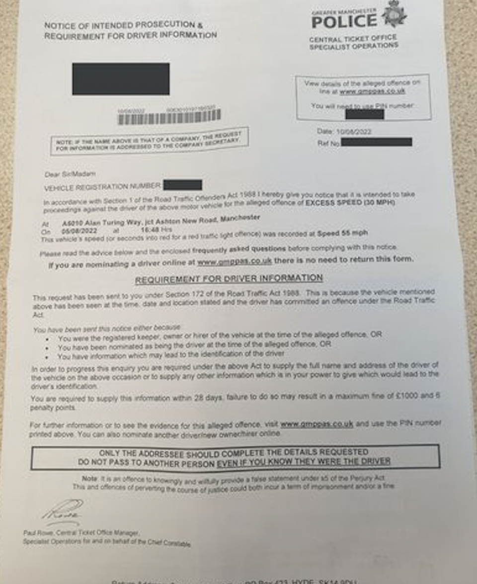 The prosecution letter telling the couple their car had been spotted speeding at 25 mph over the limit