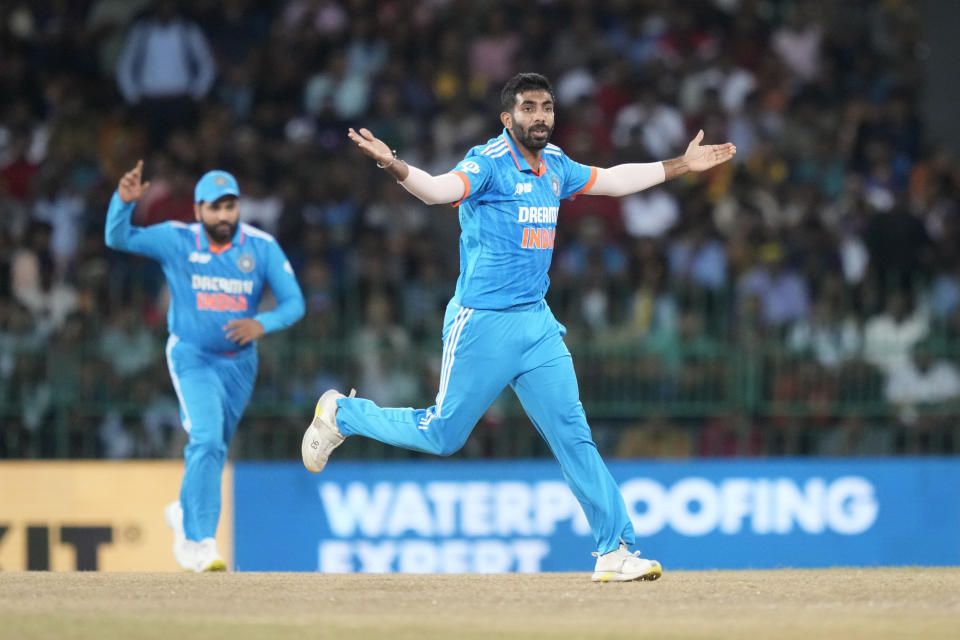 India's Jasprit Bumrah celebrates the wicket of Sri Lanka's Pathum Nissanka during the Asia Cup cricket match between Sri Lanka and India in Colombo, Sri Lanka, Tuesday, Sept. 12, 2023. (AP Photo/Eranga Jayawardena)