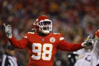 Kansas City Chiefs defensive end Tershawn Wharton celebrates after sacking Pittsburgh Steelers quarterback Ben Roethlisberger during the first half of an NFL wild-card playoff football game, Sunday, Jan. 16, 2022, in Kansas City, Mo. (AP Photo/Colin E. Braley)