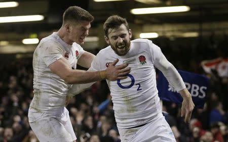 Britain Rugby Union - Wales v England - Six Nations Championship - Principality Stadium, Cardiff - 11/2/17 England's Elliot Daly celebrates scoring a try Action Images via Reuters / Henry Browne