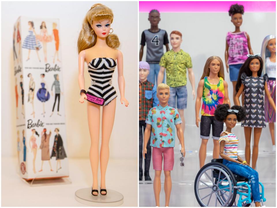 A Barbie from 1959 vs. Barbies from the present day (2020)