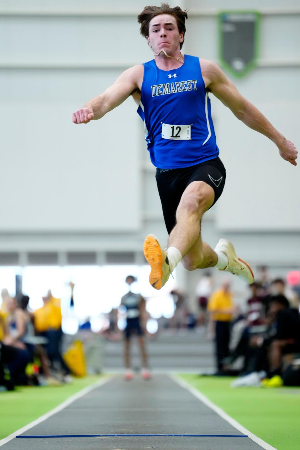 Liam Paneque, of Demarest, competes in the long jump, during the NJSIAA Meet of Championships, Sunday, March 3, 2024, in Staten Island.