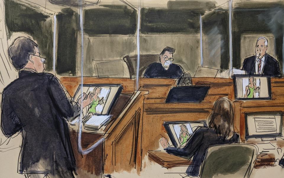 Defense attorney Christian Everdell cross examins former Jeffrey Epstein pilot Lawrence Visoski as a photo of with photo of former Epstein assistant Sarah Kellen appears on monitors during Ghislaine Maxwell's sex trafficking trial, Tuesday, Nov. 30, 2021, in New York. The longtime pilot for the late financier Jeffrey Epstein resumed his testimony at Ghislaine Maxwell's sex trafficking trial Tuesday, saying that the British socialite charged with helping the financier find teenage girls to sexually abuse was "Number 2" in the hierarchy of Epstein's operations. (AP Photo/Elizabeth Williams)