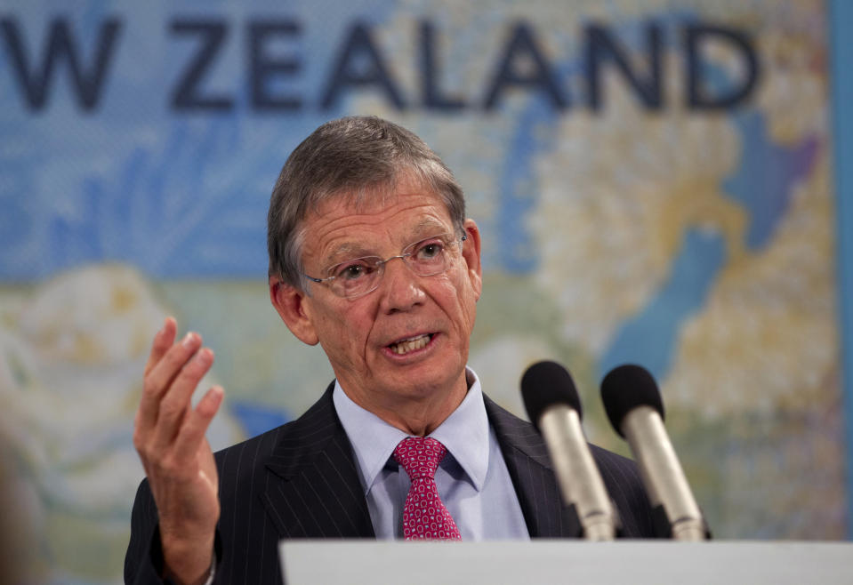 New Zealand Reserve Bank Governor Graeme Wheeler announces raising its benchmark interest rate by quarter of a percentage point to 2.75 percent in Wellington, New Zealand, Thursday, March 13, 2014. The South Pacific nation of 4.5 million has benefited from booming demand in China for its milk products and the gathering pace of a rebuilding effort in the city of Christchurch following an earthquake there three years ago that destroyed much of the downtown. (AP Photo/New Zealand Herald, Mark Mitchell) NEW ZEALAND OUT, AUSTRALIA OUT