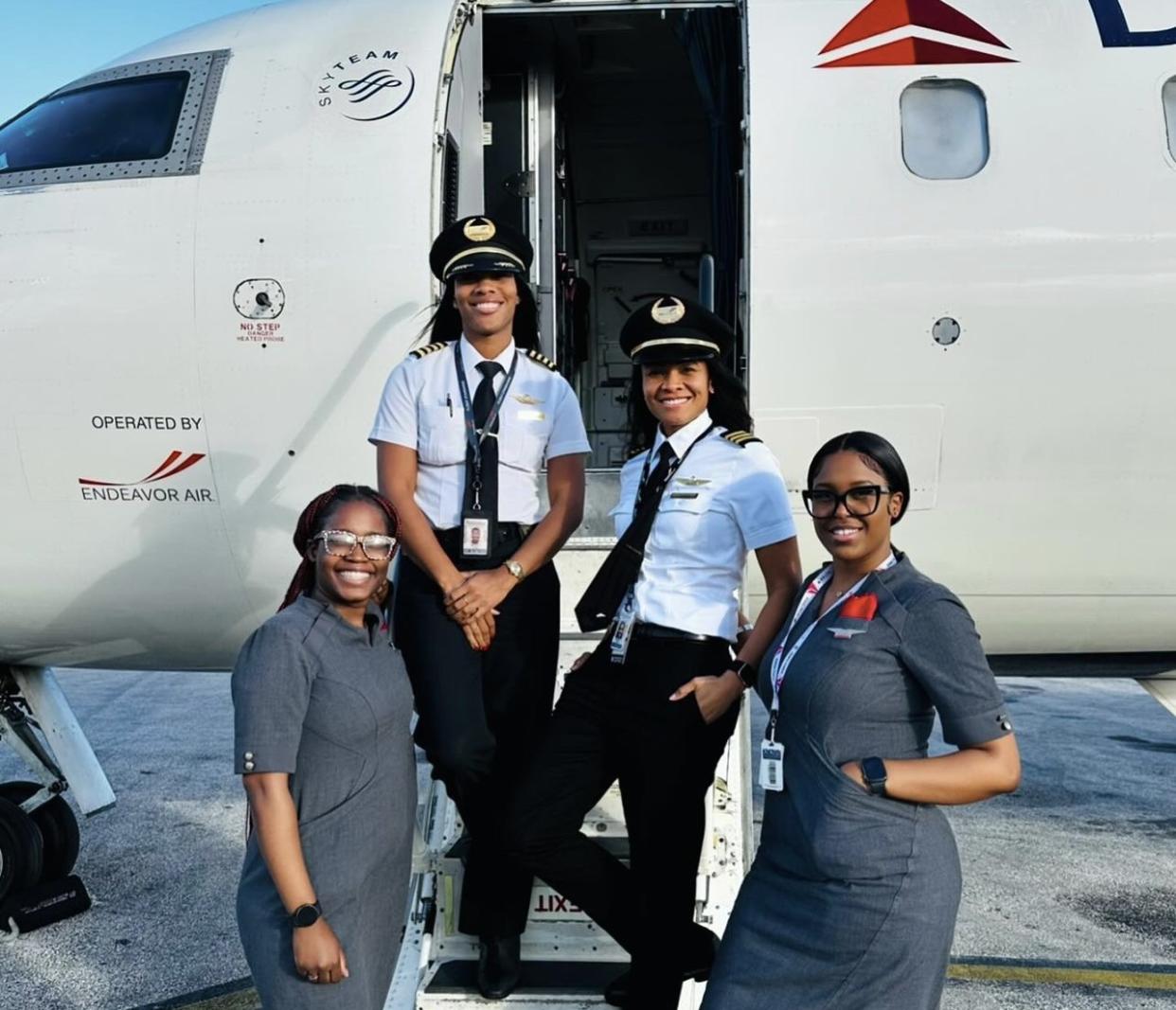 There need to be more Black women pilots, learn what this organization is doing to help. pictured: two Black women pilots and two Black women flight attendants