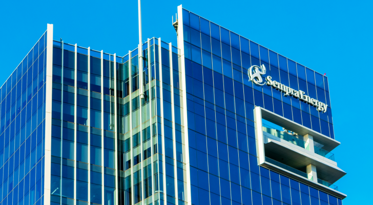 The logo for Sempra (SRE) is seen at the top of an office building.
