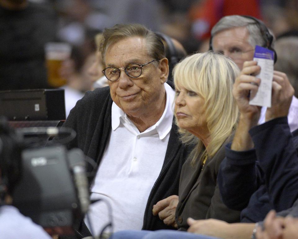 Los Angeles Clippers owners Donald Sterling and his wife Rochelle Stein watch the Clippers play the San Antonio Spurs during the second half of their NBA basketball game, Wednesday, Nov. 7, 2012, in Los Angeles. (AP Photo/Mark J. Terrill)