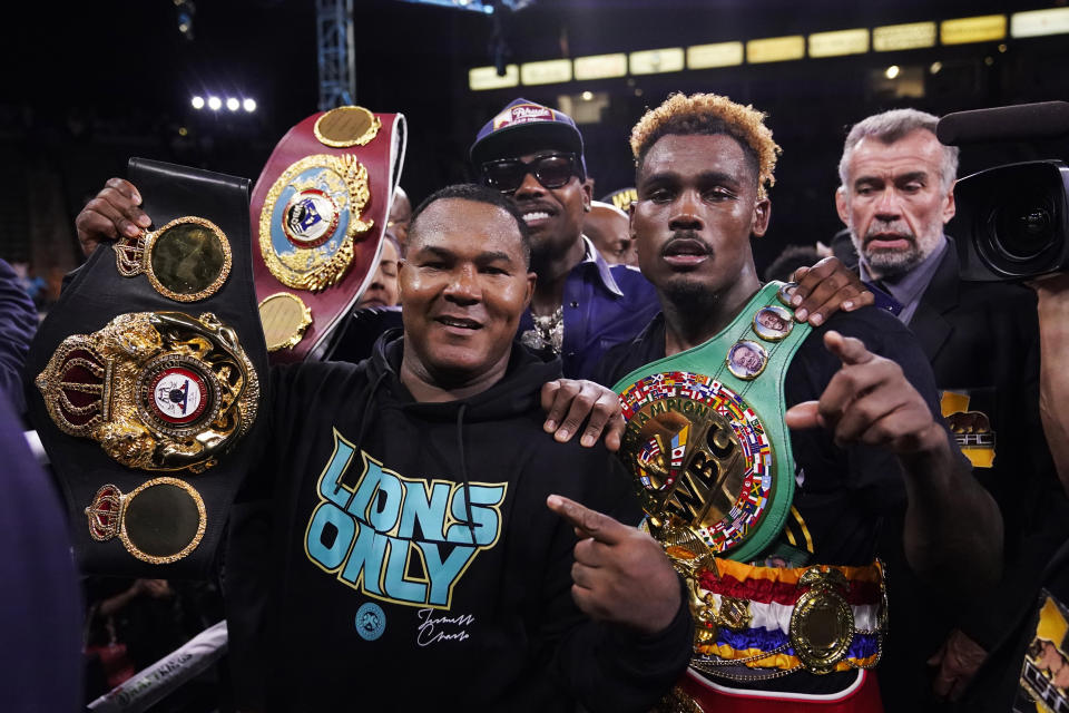 Jermell Charlo, right, celebrates after defeating Brian Castano in a super welterweight boxing title bout Saturday, May 14, 2022, in Carson, Calif. (AP Photo/Marcio Jose Sanchez)