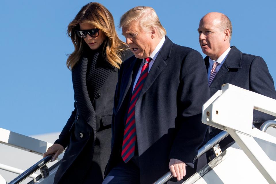 Donald Trump and the first lady, Melania Trump, arriving at Tuscaloosa airport in Alabama with congressman Robert Aderholt: AP