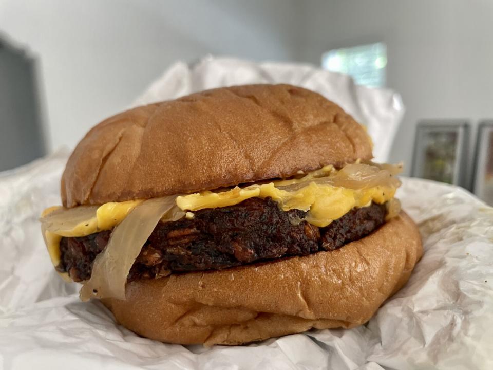 Cassell's veggie burger with cheese and onions.