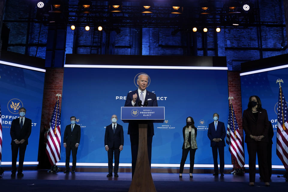 President-elect Joe Biden and Vice President-elect Kamala Harris introduce their nominees and appointees to key national security and foreign policy posts at The Queen theater, Tuesday, Nov. 24, 2020, in Wilmington, Del. (AP Photo/Carolyn Kaster)