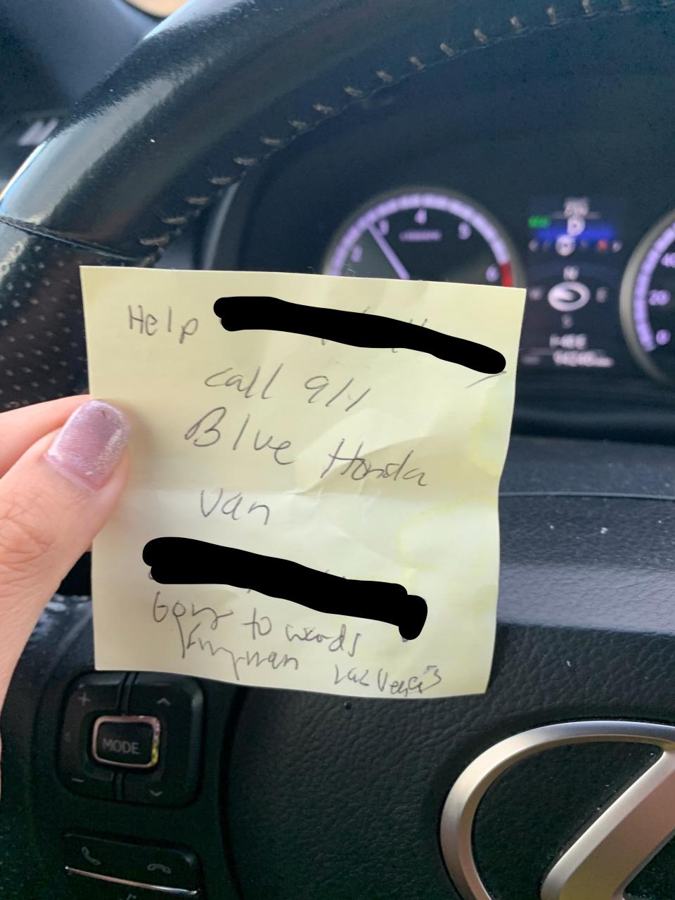 The note from the kidnap victim including a call for help, her name (censored to protect her privacy), and information about the vehicle and where it was headed.  / Credit: Yavapai County Sheriff's Office