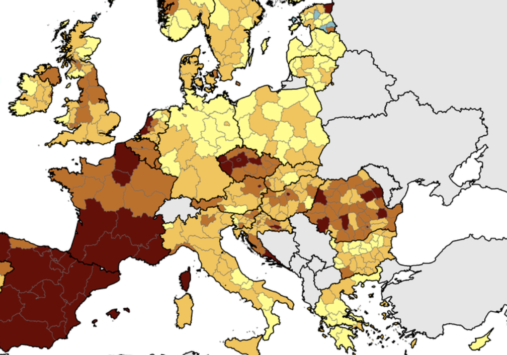 Danger zones: the deeper the colour, the higher the new infection rate (European Centre for Disease Prevention and Control (ECDC))