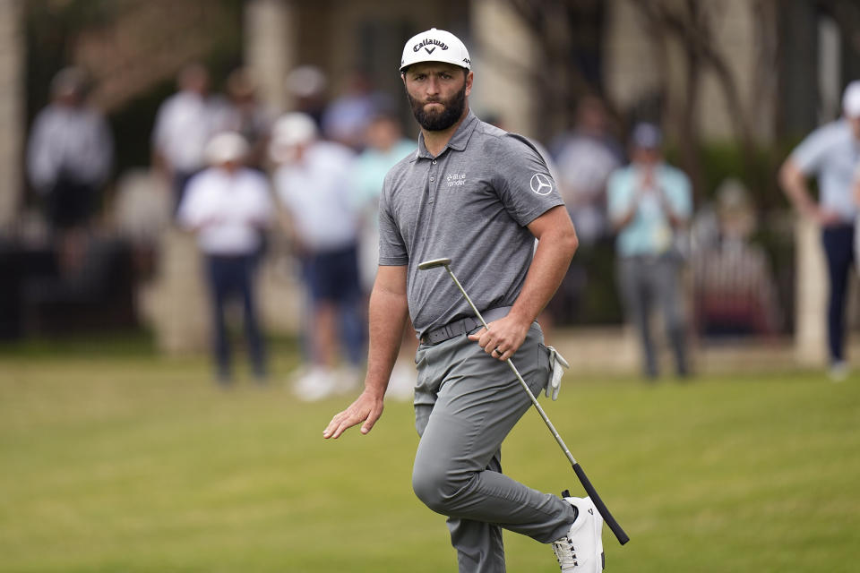 Jon Rahm, of Spain, reacts to his putt on the fifth green during the second round of the Dell Technologies Match Play Championship golf tournament in Austin, Texas, Thursday, March 23, 2023. (AP Photo/Eric Gay)