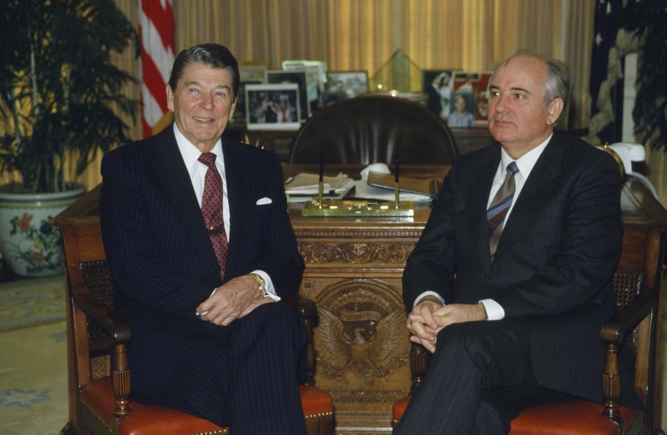 President Ronald Reagan and General Secretary of the Soviet Union Mikhail Gorbachev in Washington, D.C., on Dec. 8, 1987, as they met for the signing of the Intermediate-Range Nuclear Forces Treaty. / Credit: Ron Sandler/NBCU Photo Bank/Getty Images