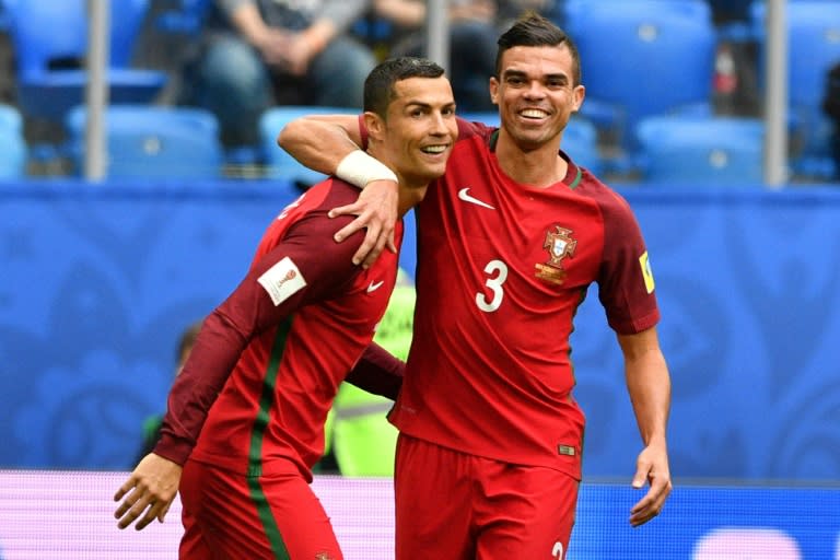 Portugal's forward Cristiano Ronaldo (L) has performed well at the 2017 Confederations Cup and was delighted after his team defeated new Zealand, qualifying for the semi-finals