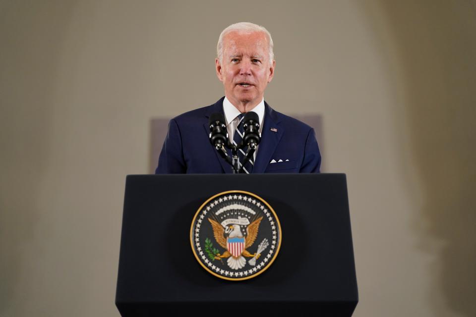 US president Joe Biden gives his remarks after his visit to Augusta Victoria Hospital in east Jerusalem, Friday, 15 July 2022 (AP)