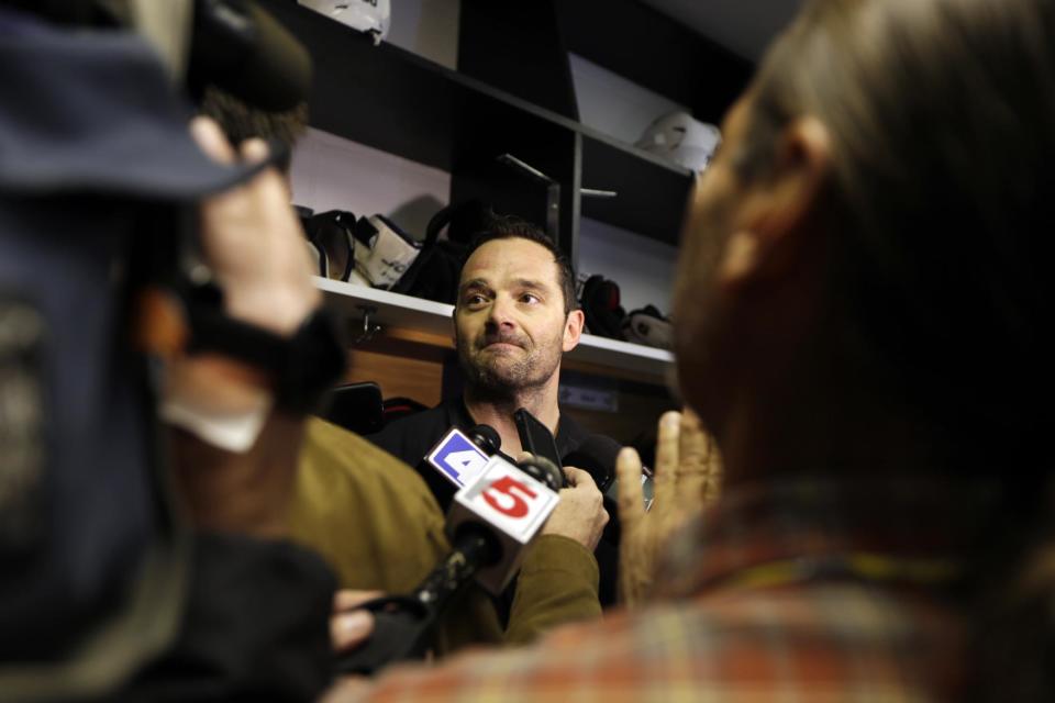 Dallas Stars' Vernon Fiddler speaks to the media following an NHL hockey practice Tuesday, March 11, 2014, in St. Louis. Dallas Stars' Rich Peverley is undergoing testing to determine what triggered his collapse during a game Monday night in Dallas. The Stars are scheduled to play the St. Louis Blues tonight in St. Louis. (AP Photo/Jeff Roberson)