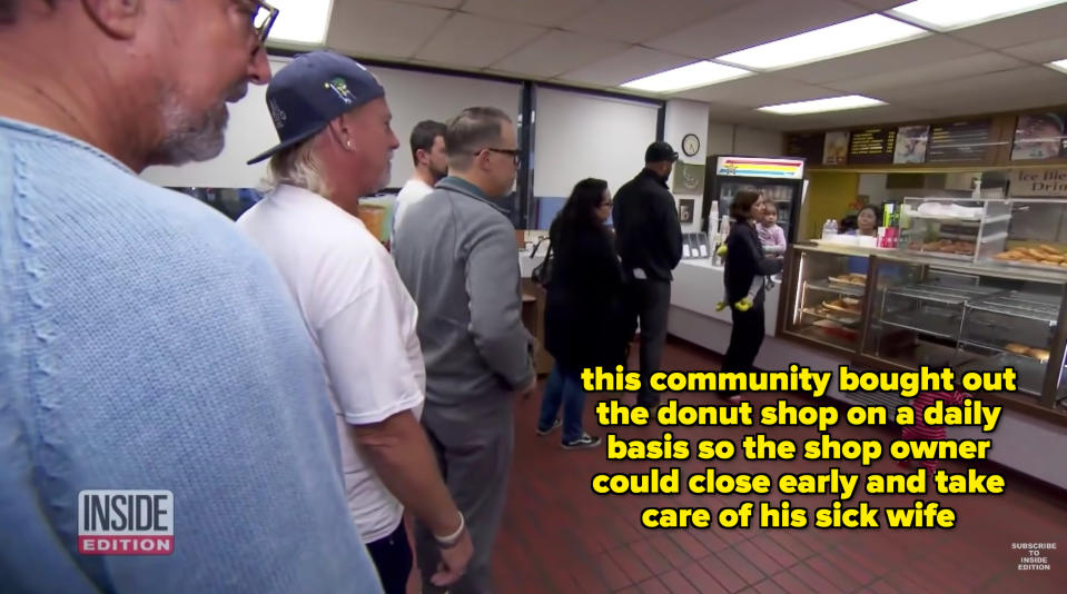 Customers are in line at a donut shop. The caption reads, "This community bought out the donut shop on a daily basis so the shop owner could close early and take care of his sick wife"