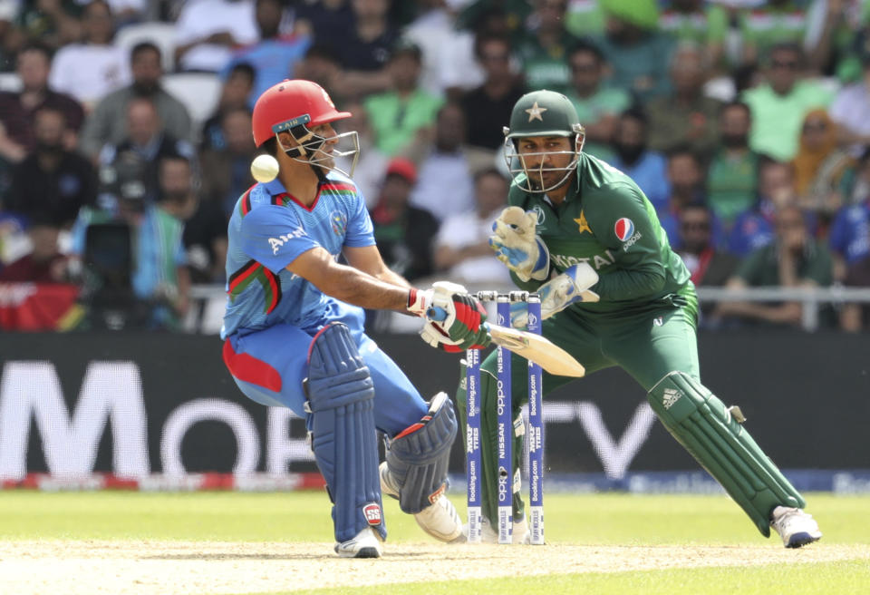 Afghanistan's Najibullah Zadran bats during the Cricket World Cup match between Pakistan and Afghanistan at Headingley in Leeds, England, Saturday, June 29, 2019. (AP Photo/Rui Vieira)