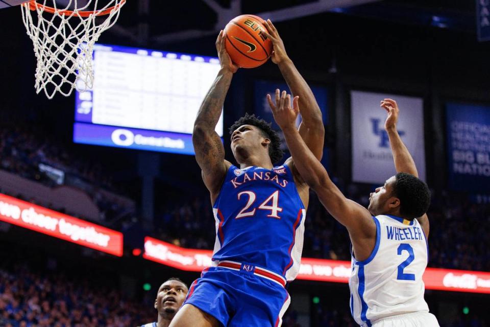 Kansas forward K.J. Adams had 17 points and made 8 of 10 shots when the Jayhawks beat Kentucky 77-68 at Rupp Arena in last season’s SEC/Big 12 Challenge. Through two games this season, Adams is averaging 13.0 points and 5.0 rebounds.