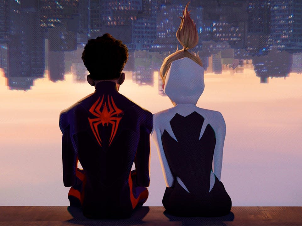Miles Morales and Gwen Stacy sitting upsidedown