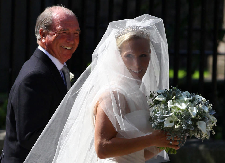<p>Captain Mark Phillips and Zara Phillips before the wedding. He walked her down the aisle. (Jeff J Mitchell/Getty Images)</p> 