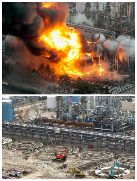 Natural gas storage tanks burn at the Cosmo oil refinery in Ichihara, Chiba Prefecture, east of Tokyo, in this aerial view image taken March 11, 2011 (above), while the same area is shown again on March 3, 2012, in this combination photo released by Kyodo on March 7, 2012, ahead of the one-year anniversary of the March 11 earthquake and tsunami. Mandatory Credit REUTERS/Kyodo