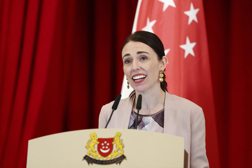 New Zealand's Prime Minister Jacinda Ardern speaks during a joint press conference at the Istana or presidential palace in Singapore, Friday, May 17, 2019. (AP Photo/Yong Teck Lim)