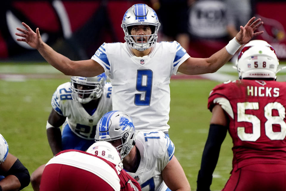 Detroit Lions quarterback Matthew Stafford (9) calls a play during the second half of an NFL football game against the Arizona Cardinals, Sunday, Sept. 27, 2020, in Glendale, Ariz. (AP Photo/Rick Scuteri)