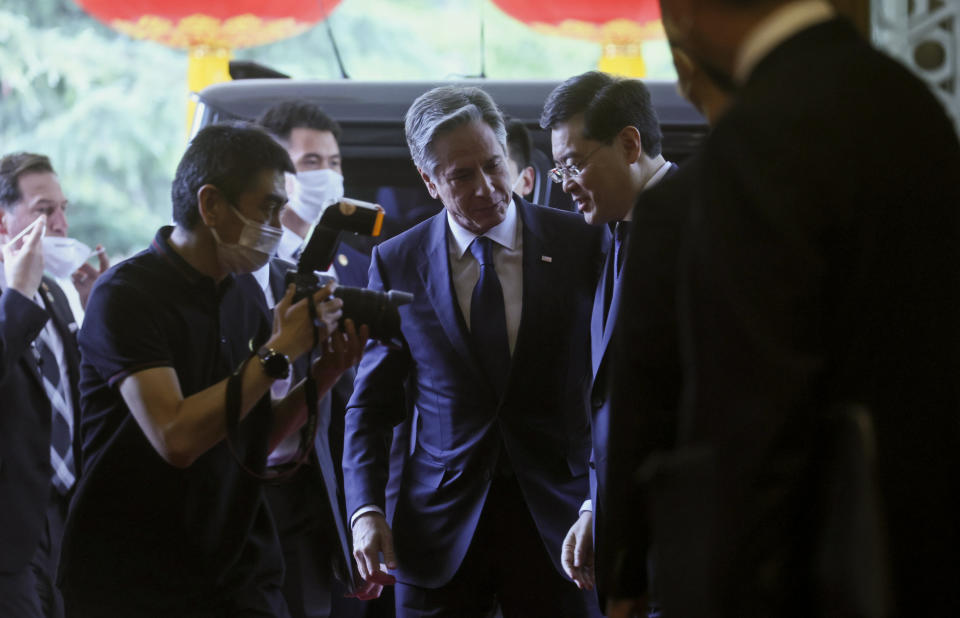 U.S. Secretary of State Antony Blinken, center, meets with Chinese Foreign Minister Qin Gang, center right, at the Diaoyutai State Guesthouse in Beijing, China, Sunday, June 18, 2023. (Leah Millis/Pool Photo via AP)