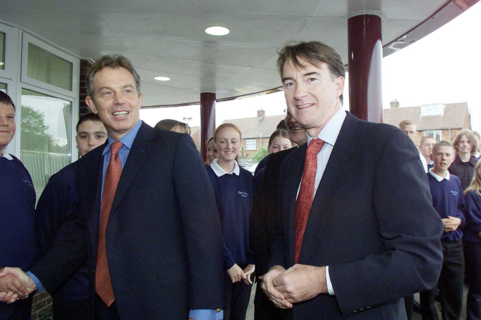 British Prime Minister Tony Blair (L) with Hartlepool MP and former Northern Ireland Secretary Peter Mandelson meeting pupils at the   1.2 million City Learning at Dyke House School in Hartlepool.   (Photo by Owen Humphreys - PA Images/PA Images via Getty Images)