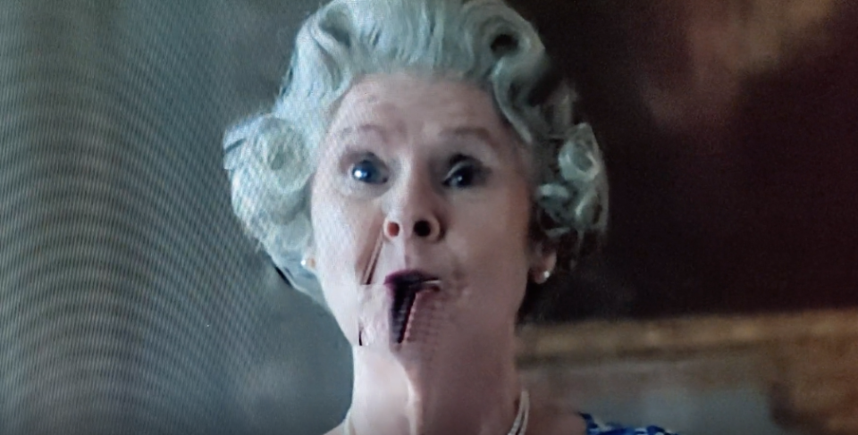 Screenshot from "The Crown" with a character's face distorted