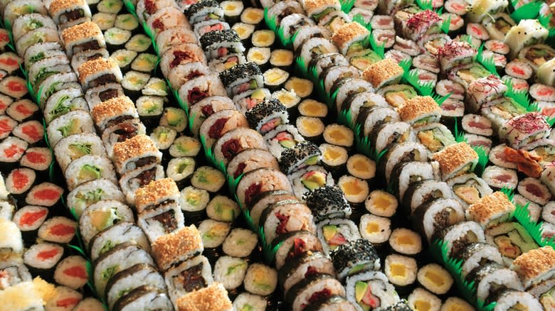 Sushi roll rows lined up