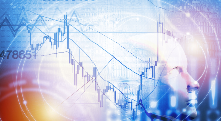 An image of a stock graph with a robotic face overlaid, representing quant trading and machine learning