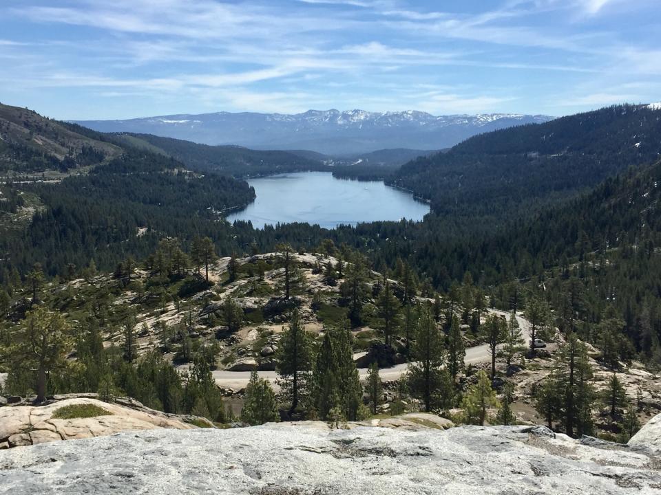 View from Donner Summit, looking east to Donner Lake, the Lincoln Highway came up this steep pass.