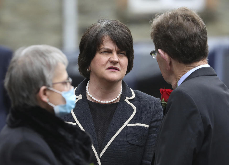 First Minster of Northern Ireland Arlene Foster attends former Northern Ireland lawmaker and Nobel Peace Prize winner John Hume's funeral Mass at St Eugene's Cathedral in Londonderry, Northern Ireland, Wednesday, Aug. 5, 2020. Hume was co-recipient of the 1998 Nobel Peace Prize with fellow Northern Ireland lawmaker David Trimble, for his work in the Peace Process in Northern Ireland. (AP Photo/Peter Morrison)