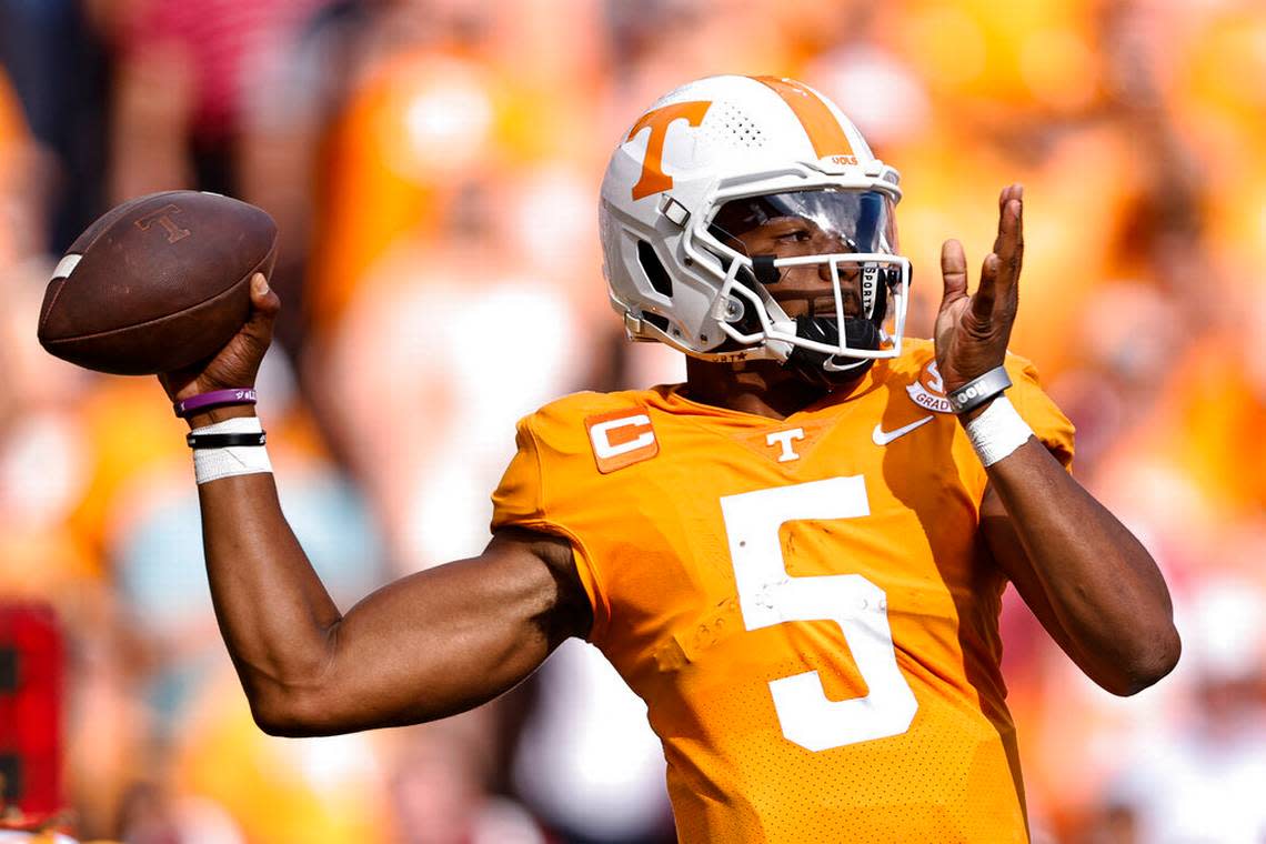 Tennessee quarterback Hendon Hooker (5) is completing 70.6 percent of his passes and has thrown for 2,093 yards with 18 touchdowns vs. only one interception.